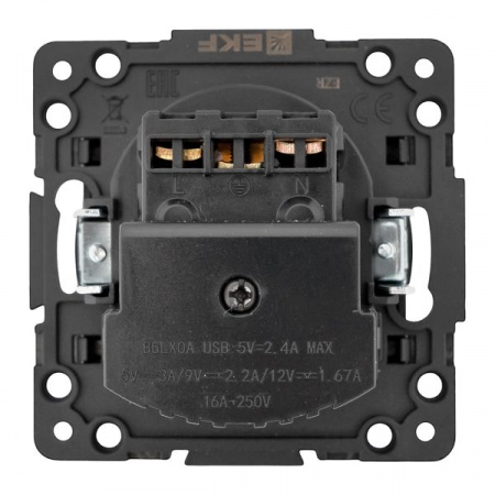 EKF Стокгольм Механизм Розетки 1-местной с/з, USB 2A 16А винтовые клеммы черный с защ. штор.