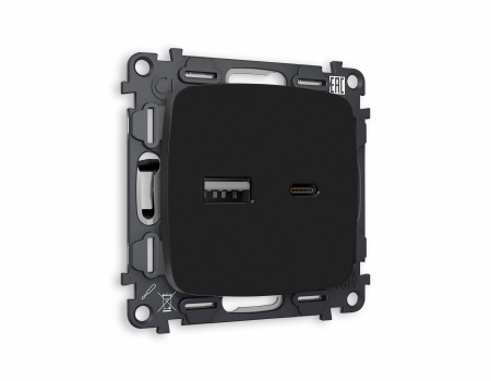 Комплект механизма розетки OMEGA MO811010 Черный матовый 2USB A+C 20W быстрая зарядка QUANT