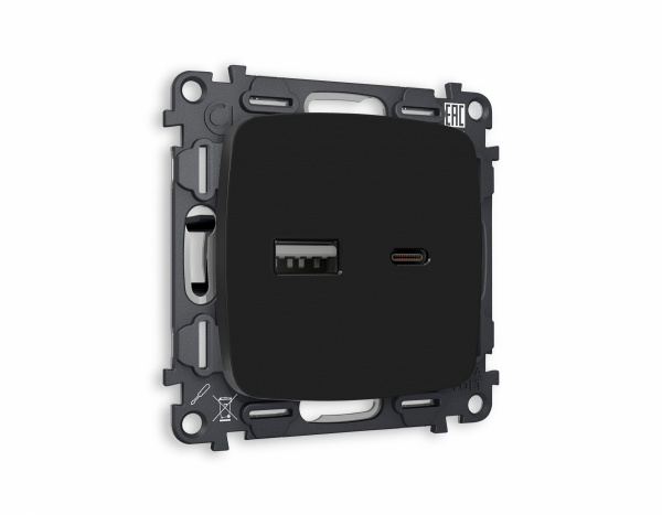 Комплект механизма розетки OMEGA MO811010 Черный матовый 2USB A+C 20W быстрая зарядка QUANT