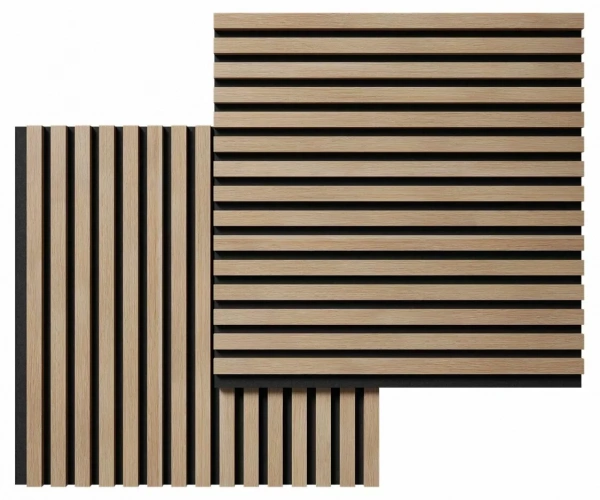 Акустическая панель, черный войлок, 600х600х19мм, рейки МДФ ясень тирамису Акустическая панель, черный войлок, 600х600х19мм, рейки МДФ ясень тирамису