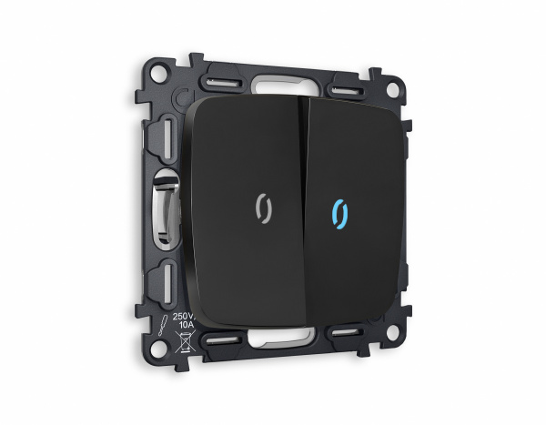 Комплект механизма 2-клавишного проходного выключателя с подсветкой 10000K OMEGA MO804040 Черный матовый QUANT