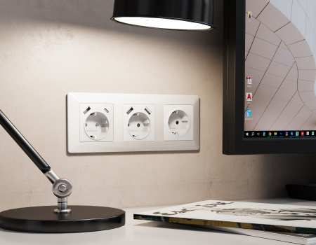 Лицевая панель ALFA (Белый глянец) для электрической розетки с заземлением со шторками 2USB QUANT AP1090