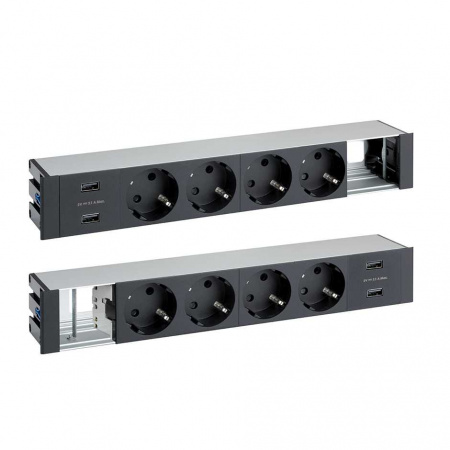 Simon 400 Двухсторонний врезной x12 розеточный блок, щетка, 8x2P+E, 4xUSB з/у, 2 пустых модуля, черный,