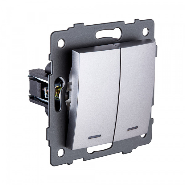 Выключатель 2-клавишный проходной 10А/250В с LED подсветкой, изогнутый, серый Kollinger REA-R-010GY для Aspekt, Eleganz, Reflex