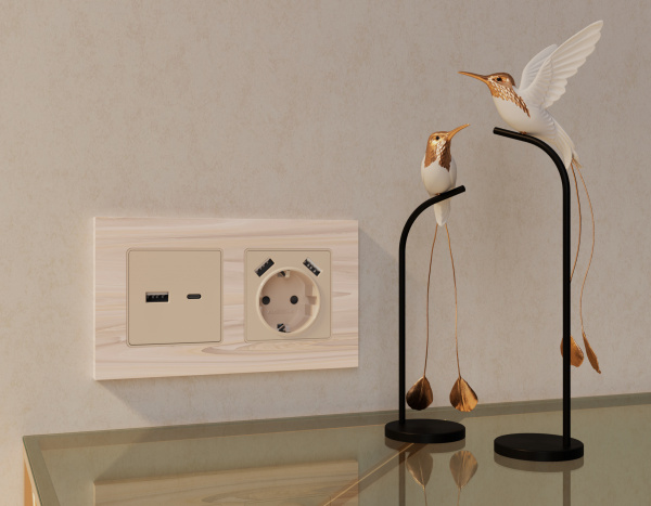 Лицевая панель ALFA (Бежевый матовый) для электрической розетки с/з со шторками 2USB A+A QUANT AP3290