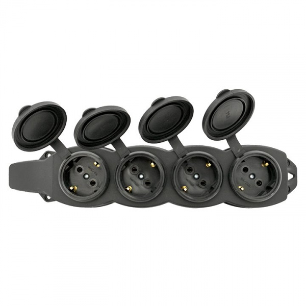 EKF Basic Розетка (колодка) четырехместная с защит. крышками каучуковая 230В 2P+PE 16A IP44