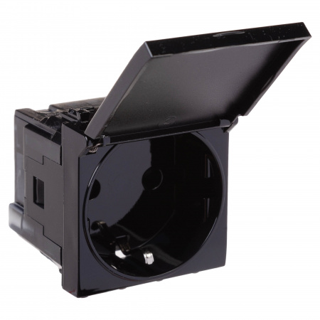 DKC Avanti Черный квадрат Розетка с крышкой 2P+E со шторками 2 модуля