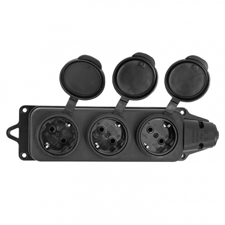 EKF Basic Розетка (колодка) трехместная с защит. крышками каучуковая 230В 2P+PE 16A IP44