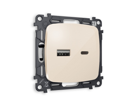 Комплект механизма розетки OMEGA MO311010 Бежевый глянец 2USB A+C 20W быстрая зарядка QUANT