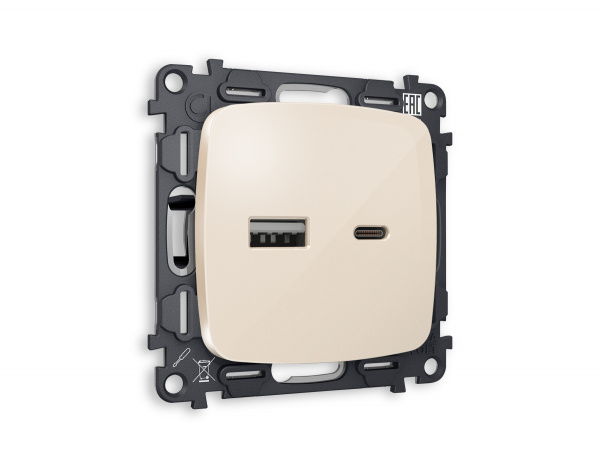 Комплект механизма розетки OMEGA MO311010 Бежевый глянец 2USB A+C 20W быстрая зарядка QUANT
