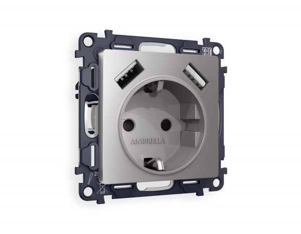 Комплект механизма электрической розетки ALFA MA509010 Сталь матовый 2USB A+A 18W быстрая зарядка с заземлением и шторками 2P+E 16A-250V QUANT