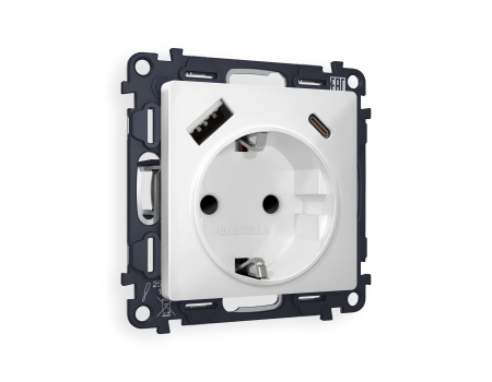 Комплект механизма электрической розетки ALFA MA130010 Белый матовый 2USB A+C 20W быстрая зарядка с заземлением со шторками 2P+E 16A-250V QUANT