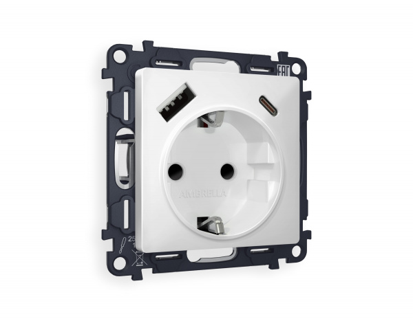 Комплект механизма электрической розетки ALFA MA130010 Белый матовый 2USB A+C 20W быстрая зарядка с заземлением со шторками 2P+E 16A-250V QUANT