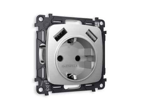 Комплект механизма электрической розетки OMEGA MO409010 Серебро глянец 2USB A+A 18W быстрая зарядка с заземлением и шторками 2P+E 16A-250V QUANT