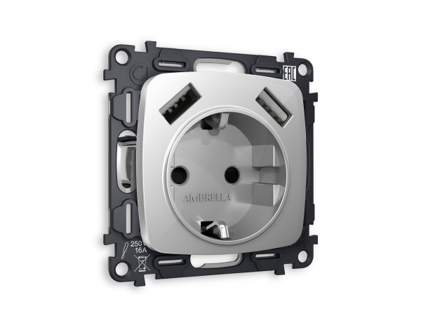 Комплект механизма электрической розетки OMEGA MO409010 Серебро глянец 2USB A+A 18W быстрая зарядка с заземлением и шторками 2P+E 16A-250V QUANT