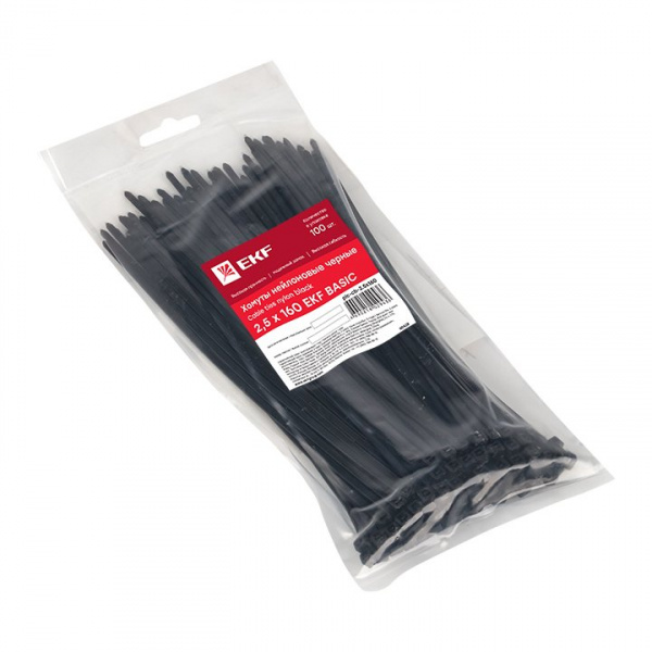 EKF Basic Хомут нейлоновый черный (2,5х160) (100шт.)