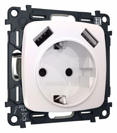 Комплект механизма электрической розетки OMEGA MO209010 Жемчуг 2USB A+A 18W быстрая зарядка с заземлением и шторками 2P+E 16A-250V QUANT