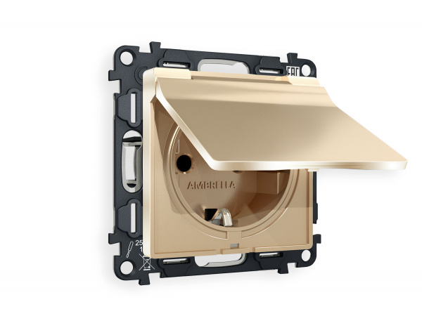 Комплект механизма электрической розетки ALFA MA608010 Шампань  с заземлением с шторками и защитной крышкой 2P+E 16A-250V IP44 QUANT