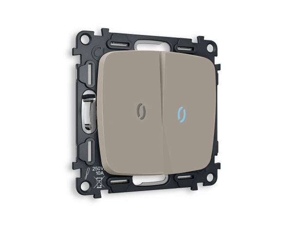 Комплект механизма 2-клавишного проходного выключателя с подсветкой 10000K OMEGA MO364040 Серо-бежевый матовый QUANT