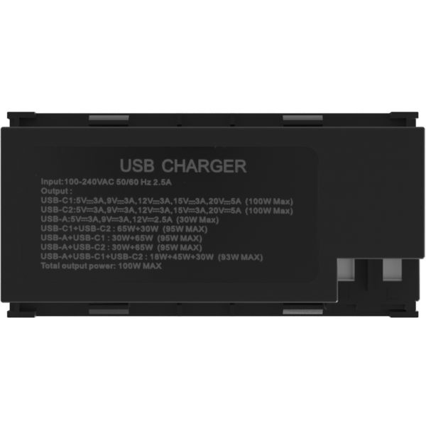 Donel USB зарядное устройство, 100W, Type A + C + C, 4 мод., черн. матовая (90х45мм), DUSB100WANM