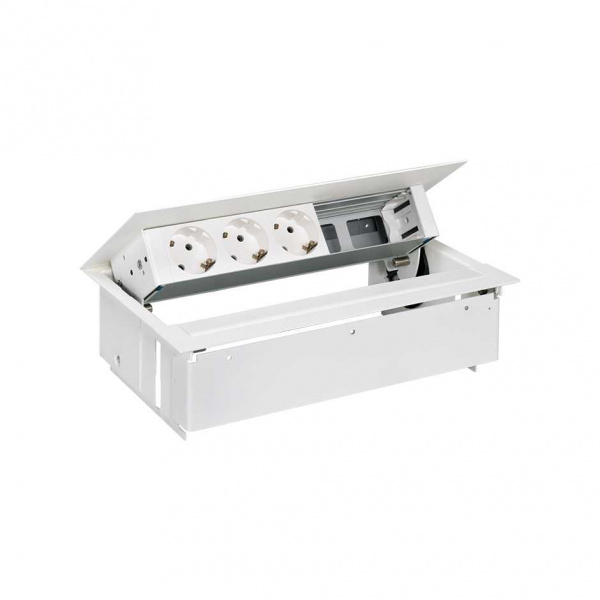 Simon 400 Белый Врезной розеточный блок с крышкой и мет. вводом, 3x2P+E, 2 пустых модуля