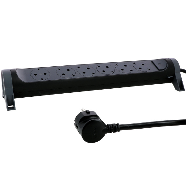 Legrand Revolution Комфорт Черный Удлинитель 6x2К+З с выкл., кабель 1,5м, плоские розетки, фиксируемый поворотный блок