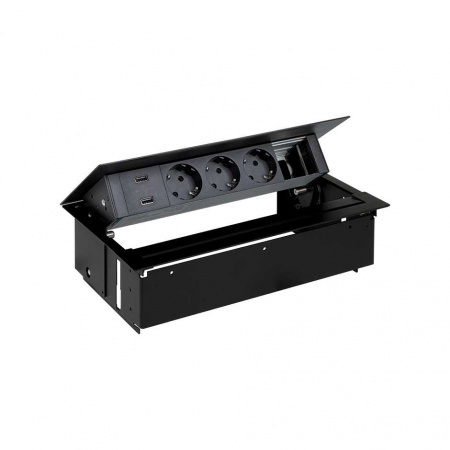 Simon 400 Черный Врезной розеточный блок с крышкой и мет. вводом, 3x2P+E, 2xUSB зарядное уст., 1 пустой модуль