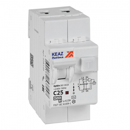 КЭАЗ АВДТ с защитой от сверхтоков OptiDin D63-22C25-AC-У3 (2P, C25, 30mA, 4,5кА)