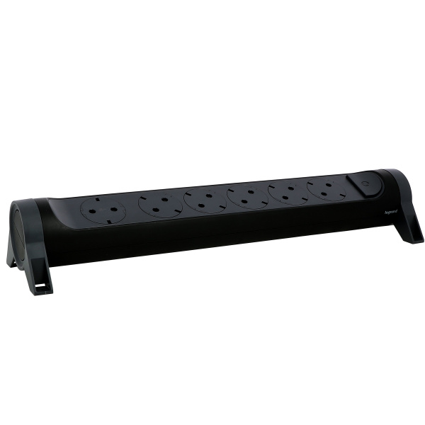 Legrand Revolution Комфорт Черный Удлинитель 6x2К+З с выкл., без кабеля, плоские розетки, фиксируемый поворотный блок