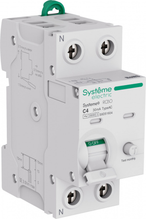 Systeme Electric Systeme9 Авт. выкл. диф. тока (АВДТ) 1P+N C 4A 6kA 30мА Тип-AC 230В
