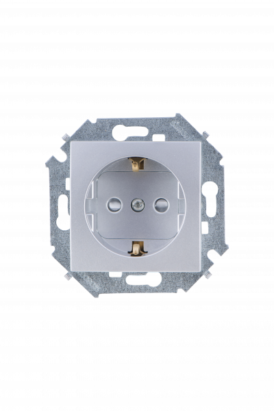 Simon 15 Алюминий Розетка с/з, со шторками, 16А, 250В, винт.зажим