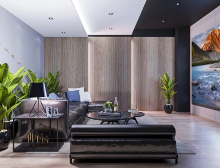 Акустическая панель, черный войлок, 2750х600х19мм, рейки МДФ ясень тирамису Акустическая панель, черный войлок, 2750х600х19мм, рейки МДФ ясень тирамису