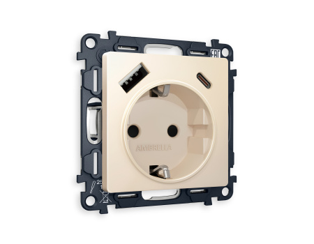 Комплект механизма электрической розетки ALFA MA330010 Бежевый матовый 2USB A+C 20W быстрая зарядка с заземлением со шторками 2P+E 16A-250V QUANT