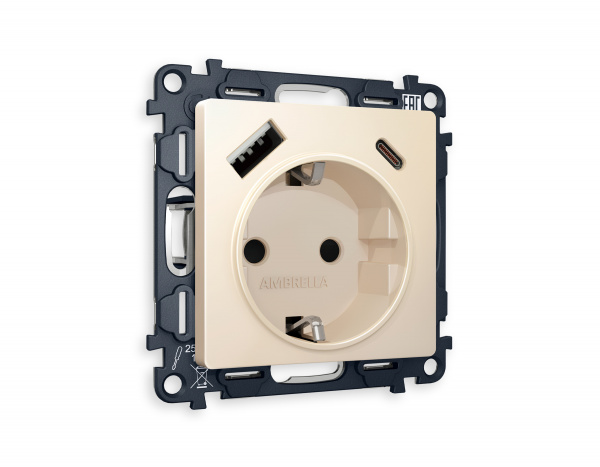 Комплект механизма электрической розетки ALFA MA330010 Бежевый матовый 2USB A+C 20W быстрая зарядка с заземлением со шторками 2P+E 16A-250V QUANT