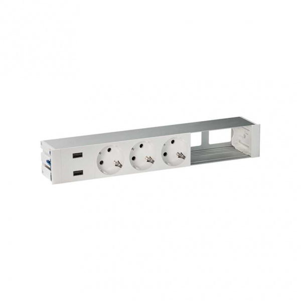 Simon 400 Алюминий Врезной розеточный блок с крышкой и мет. вводом, 3x2P+E, 2xUSB зарядное уст., 2 пустых модуля