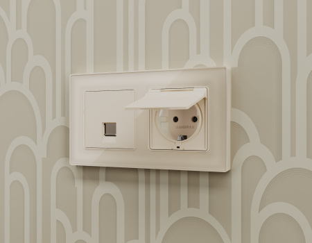 Комплект механизма электрической розетки ALFA MA328010 Бежевый матовый с заземлением со шторками и защитной крышкой 2P+E 16A-250V IP44 QUANT