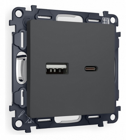 Комплект механизма розетки ALFA MA911010 Графит мягкое касание 2USB A+C 20W быстрая зарядка QUANT