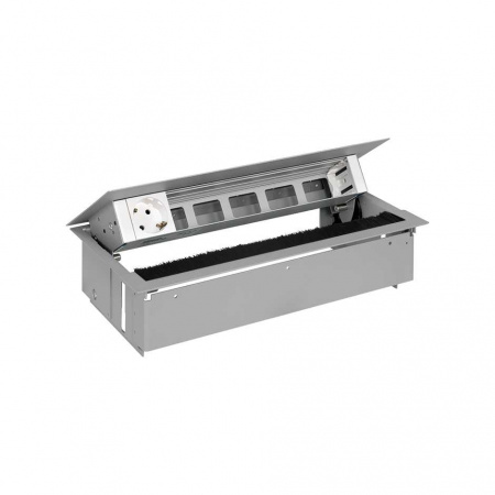 Simon 400 Алюминий Врезной розеточный блок с крышкой, ввод щетка, 1x2P+E, 5 пустых отвертия