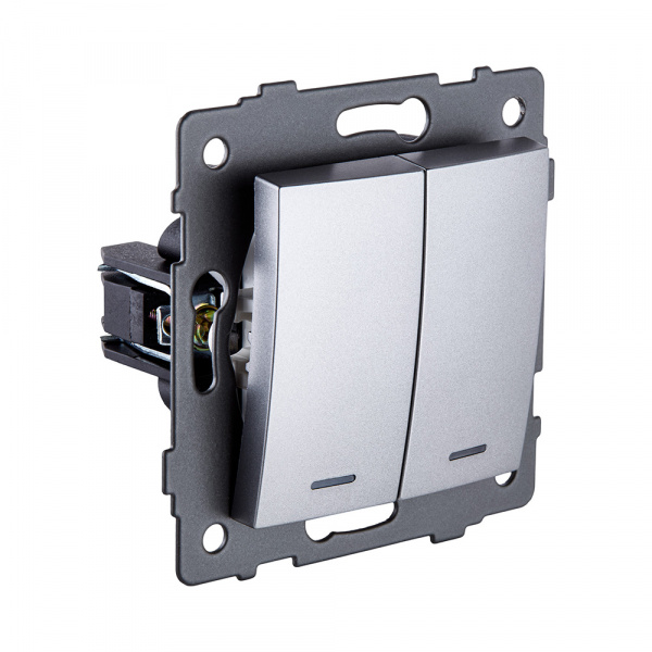 Выключатель кнопочный 2-клавишный 10А/250В с LED подсветкой, изогнутый, серый Kollinger REA-R-014GY для Aspekt, Eleganz, Reflex