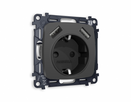 Комплект механизма электрической розетки OMEGA MO909010 Графит мягкое касание 2USB A+A 18W быстрая зарядка с заземлением и шторками 2P+E 16A-250 QUANT