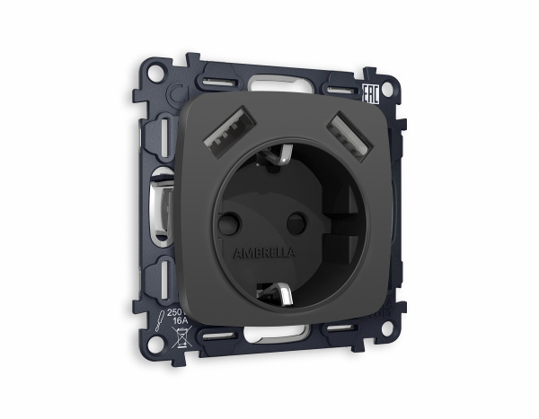 Комплект механизма электрической розетки OMEGA MO909010 Графит мягкое касание 2USB A+A 18W быстрая зарядка с заземлением и шторками 2P+E 16A-250 QUANT