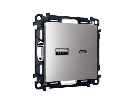 Комплект механизма розетки ALFA MA511010 Сталь матовый 2USB A+C 20W быстрая зарядка QUANT