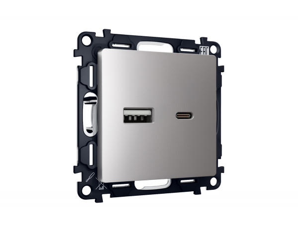 Комплект механизма розетки ALFA MA511010 Сталь матовый 2USB A+C 20W быстрая зарядка QUANT