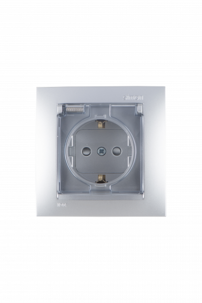 Simon 15 Алюминий Розетка с/з, со шторками, с крышкой, IP44, 16А, 250В, винт.зажим