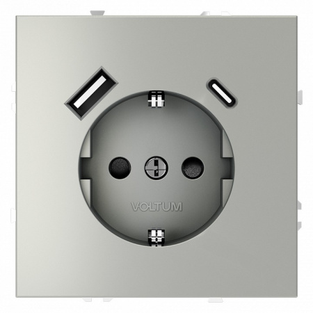 Розетка встраиваемая VOLTUM S70 с заземлением и защитными шторками, 16А, с USB, A+С, (сталь)