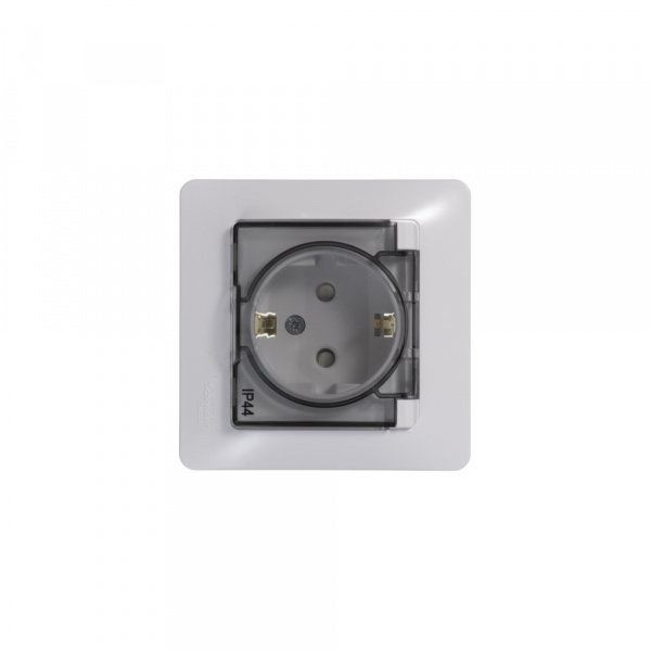 SE Glossa Бел Розетка с/з со шторками с крышкой, IP44 (в сборе с рамкой)