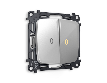 Комплект механизма 2-клавишного выключателя с подсветкой 3200K OMEGA MO404010 Серебро глянец QUANT