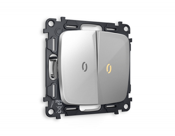 Комплект механизма 2-клавишного выключателя с подсветкой 3200K OMEGA MO404010 Серебро глянец QUANT