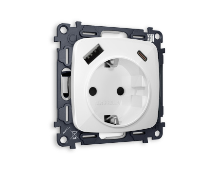 Комплект механизма электрической розетки OMEGA MO110010 Белый глянец 2USB A+C 20W быстрая зарядка с заземлением и шторками 2P+E 16A-250V QUANT