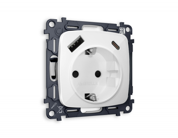 Комплект механизма электрической розетки OMEGA MO110010 Белый глянец 2USB A+C 20W быстрая зарядка с заземлением и шторками 2P+E 16A-250V QUANT